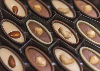close up of chocolate candies, Chocolate candies in a box, hazelnut almond and cashew nuts in choco sweets, raw vegan chocolate. delicious gift box, sweet temptation