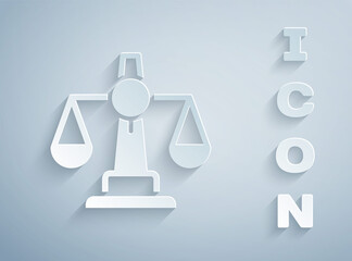 Paper cut Scales of justice icon isolated on grey background. Court of law symbol. Balance scale sign. Paper art style. Vector