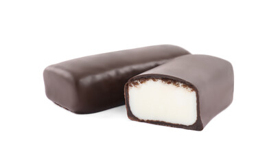 Delicious cut and whole glazed cheeses on white background