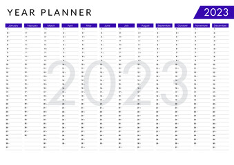 2023 Ultramarine blue wall yearly planner. Calendar design template. Horizontal annual worldwide printable wall planner with space for personal notes. - Vector