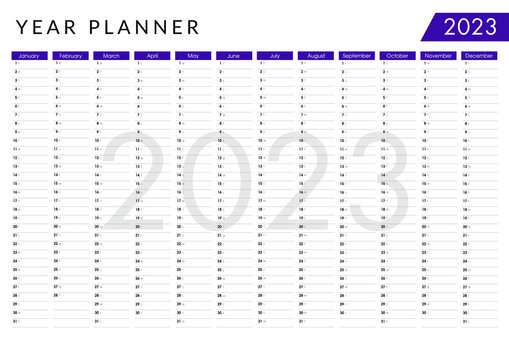 2023 Ultramarine blue wall yearly planner. Calendar design template. Horizontal annual worldwide printable wall planner with space for personal notes. - Vector