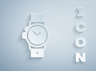 Paper cut Wrist watch icon isolated on grey background. Wristwatch icon. Paper art style. Vector