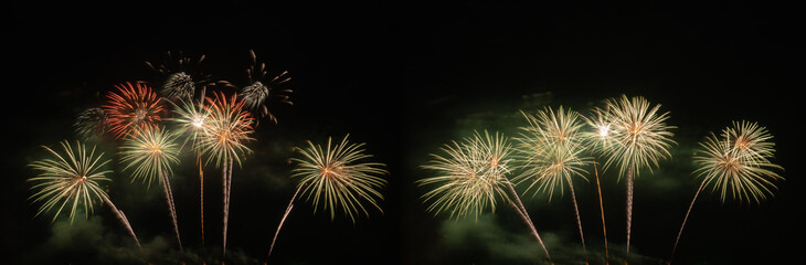 International fireworks festival display at night. Variety of colorful fireworks in holidays celebration isolated on black. Happy New Year Background. © tampatra