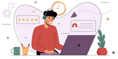 Customer service agent sits in front of a computer wearing headphones and communicates with a client. Online helpline, hotline operator, online customer support, personal assistant, call center. 