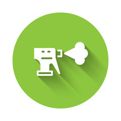 White Hairdresser pistol spray bottle with water icon isolated with long shadow. Green circle button. Vector