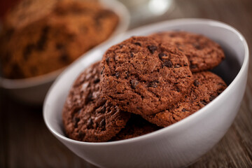 Chocolate chip cookies on a bowl. High quality photo.