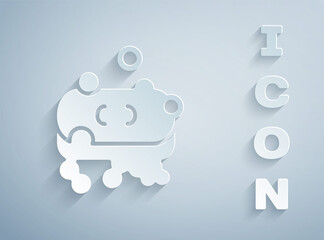 Paper cut Bar of soap with foam icon isolated on grey background. Soap bar with bubbles. Paper art style. Vector