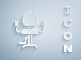 Paper cut Barbershop chair icon isolated on grey background. Barber armchair sign. Paper art style. Vector