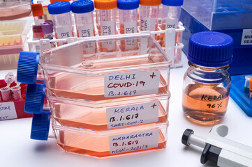 Investigation of new Sars-Cov-2 variant in India called B.1.617 in laboratory, strains from Kerala , Delhi and Maharastra, conceptual image.