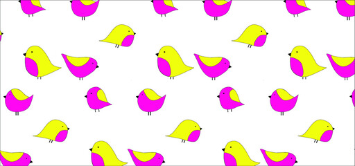 Vector bird pattern background. Bright yellow pink summer animal print.