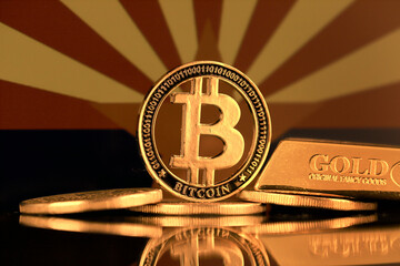 Physical version of Bitcoin, gold bar and Arizona State Flag.