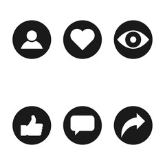 Social symbol for web, thumbs up, comment, share, person, hearth, view graphic. Icon set, collection concept