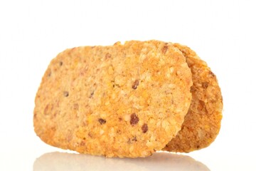 Two cookies with pieces of fruit, close-up, isolated on white.