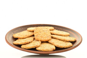 Several cookies with fruit pieces on a clay dish close-up, isolated on white.