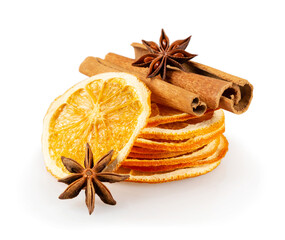 Stack of dried orange slices and spices