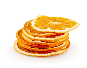 Stack of dried orange slices on a white background.