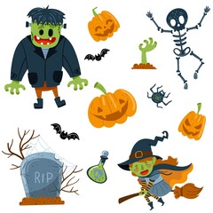 Cartoon set with Frankenstein, skeleton and witch on white background. isolated objects. Bat, grave, pumpkin. Vector illustration
