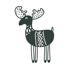 Cute nursery hand drawn deer, elk in scandinavian style. Childish print for nursery, kids apparel, poster, postcard. scandi style coloring book. drawing for coloring. doodle animal.