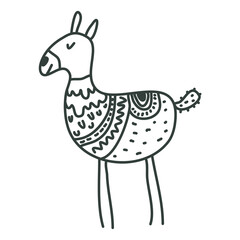 Cute nursery hand drawn lama, alpaca in scandinavian style. Childish print for nursery, kids apparel, poster, postcard. scandi style coloring book. drawing for coloring. doodle animal.