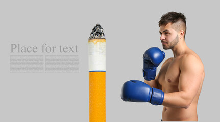 Sporty male boxer and cigarette on grey background with space for text