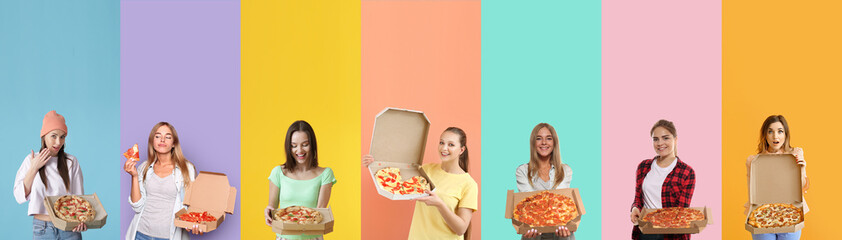 Group of women with tasty pizza on color background
