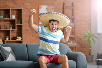 Happy man with sombrero hat sitting on sofa in room