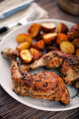 Roast Chicken Thighs with Potatoes on a Plate