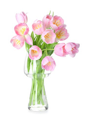 Vase with beautiful tulip flowers on white background