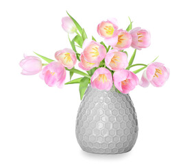 Vase with beautiful tulip flowers on white background