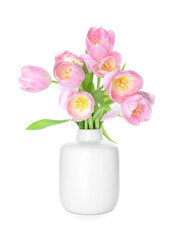 Vase with beautiful tulip flowers on white background