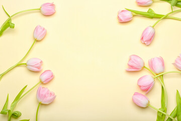 Fototapeta na wymiar Beautiful tulip flowers on color background