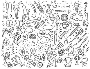Science research discovery ideas big set of doodles sketch graphic illustration hand drawn print isolated elements separately on white background