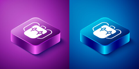 Isometric School backpack icon isolated on blue and purple background. Square button. Vector