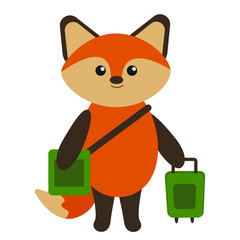 A red fox with a green suitcase goes on summer vacation. Vector illustration in flat cartoon style. Travel. Nice animal.