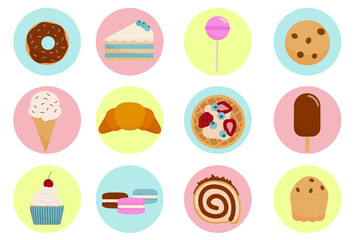 Set of culinary products on a white background. Mouth-watering cake, cookies, ice cream, muffin, candy, cupcake, waffle, roll, croissant and macarons. Stylish vector illustration in flat style.