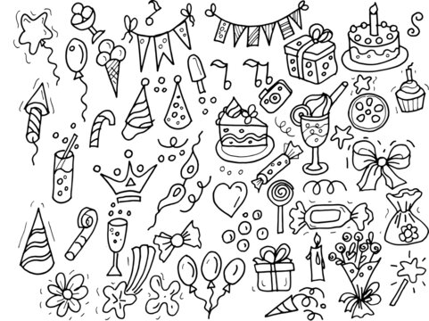 Birthday doodles sketch bright painted set big kids flags hearts gifts candy salute cake candles balls