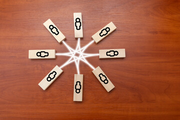 Circle of people interconnected by white curves lines. Cooperation, teamwork, training, social connections, joining to solve tasks