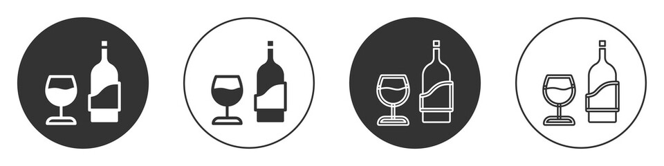 Black Wine bottle with glass icon isolated on white background. Circle button. Vector