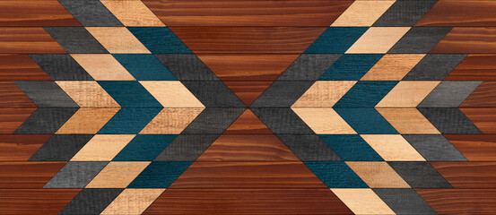 Seamless wooden background with tribal geometric pattern.	