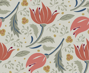 Red tulip flowers on light background. Seamless pattern. Vector floral bright pattern for wrapping paper, fabric, cloth, cover. Vector illustration.