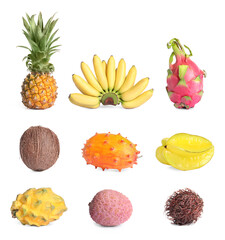 Set with different delicious exotic fruits on white background