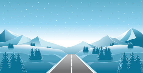 Tannenbaum Landschaft mit Straße im Winter in frostigem Blau bei Abend Dämmerung, Vektor Illustration 