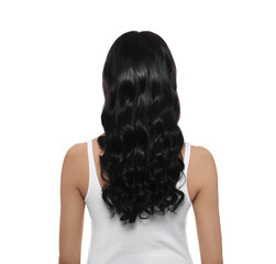 Young woman with long curly hair on white background, back view