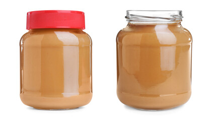 Delicious peanut butter in glass jars on white background, collage. Banner design