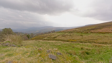 Mountains with rocks and peatland in Wicklow national park, Dublin, Ireland 
