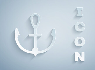Paper cut Anchor icon isolated on grey background. Paper art style. Vector