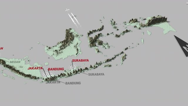 Seamless looping animation of the 3d terrain map of Indonesia with the capital and the biggest cites in 4K resolution