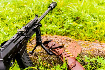 Rifle standing on a bipod with open leather bandolier with hunting ammunition on a rock in the grass after a rain. Close up view of a stone level