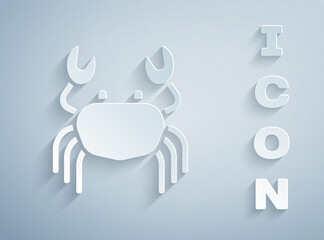 Paper cut Crab icon isolated on grey background. Paper art style. Vector