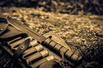 Open leather bandolier with hunting ammunition and combat kmife on a rock in the grass after a...
